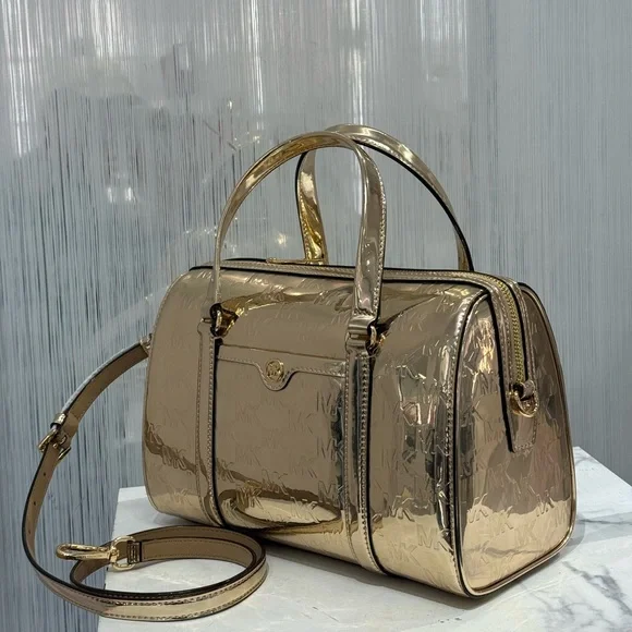 NWT Michael Kors Jet Set Women Medium Metallic Logo Debossed Satchel Bag - Picture 2 of 9